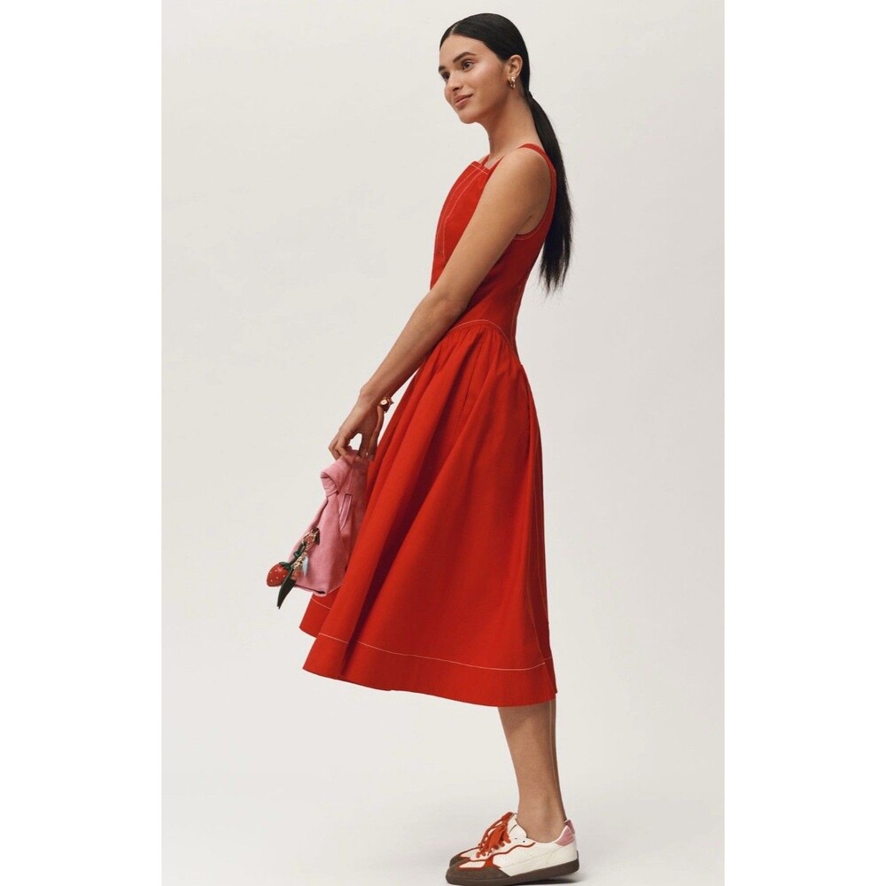 Anthropologie Midi Dress Red Cotton High Neck Holiday Preppy Boho Size XS NWT